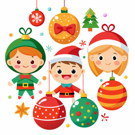 Cute Christmas characters holding ornaments.のイラスト素材