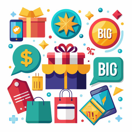 Colorful shopping icons with gift boxes, shopping bags, dollar sign, price tag, and smartphone.のイラスト素材