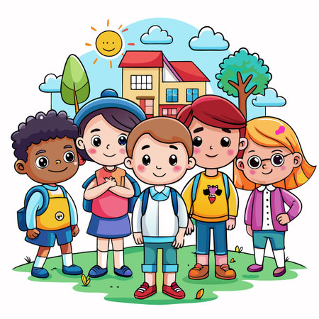 Happy kids with backpacks in front of a school building.のイラスト素材