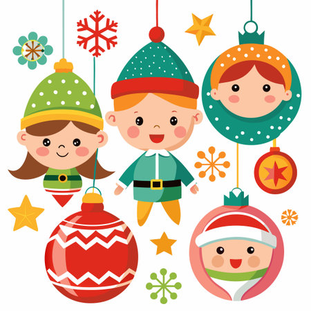Three cute Christmas elves with ornaments and stars.のイラスト素材