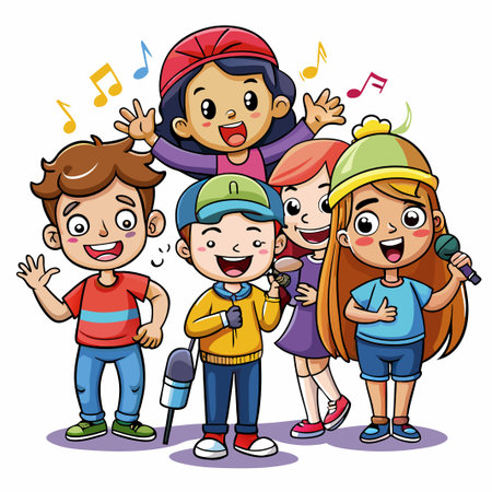 Happy group of cartoon children singing and dancing with musical notes around them.のイラスト素材