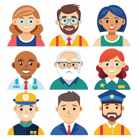 Nine diverse cartoon characters with different professions.のイラスト素材