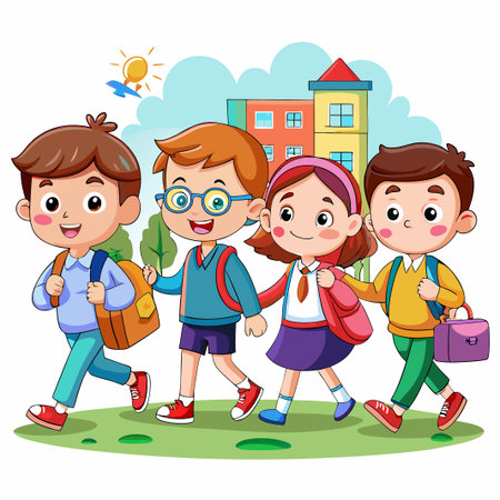 Four happy kids walking to school with backpacks.のイラスト素材