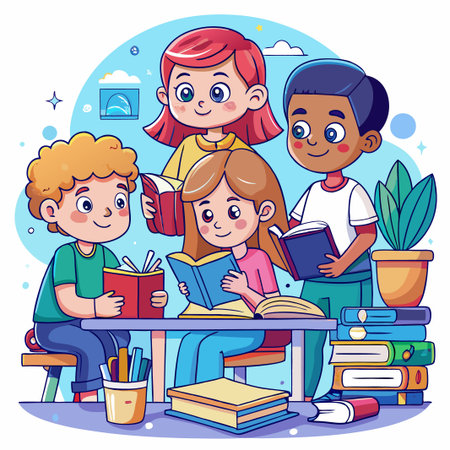 Four cartoon children sitting at a table with books, reading, and smiling, one child is holding a book up and another is standing with a stack of books.のイラスト素材