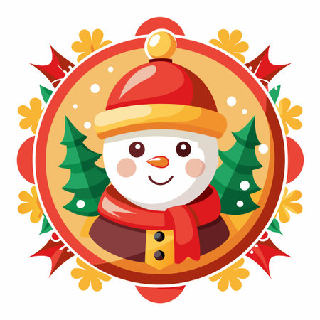 Smiling snowman in a red hat and scarf surrounded by snowflakes and pine trees.のイラスト素材