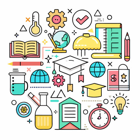 Colorful Line Art Illustration of School Supplies and Education Elements.のイラスト素材