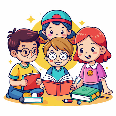 Four children sit in a circle, reading books and smiling.のイラスト素材
