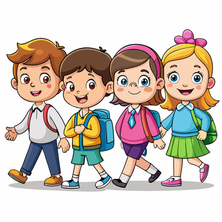 Four smiling kids walking to school with backpacks.のイラスト素材
