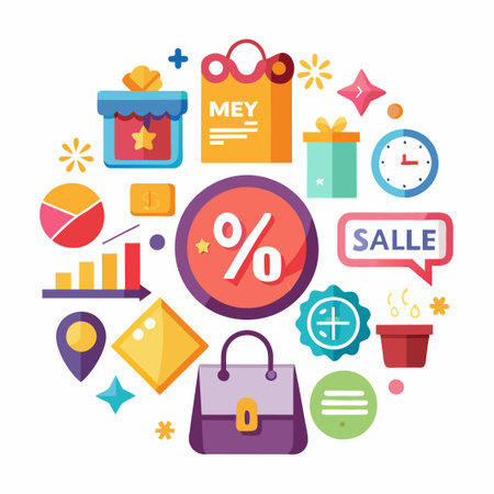 Colorful shopping icons with a discount sign and sale speech bubble.のイラスト素材