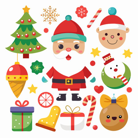 Cute Christmas characters and elements, including Santa Claus, a snowman, a Christmas tree, and gifts.のイラスト素材