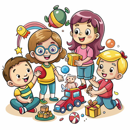 Four happy children playing with various toys.のイラスト素材