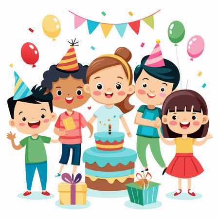 Happy children celebrating a birthday with cake and gifts.のイラスト素材