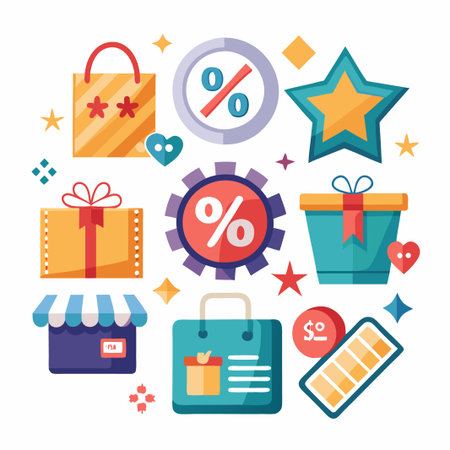 Colorful Shopping Illustration with Discount, Gift and Store Symbols.のイラスト素材