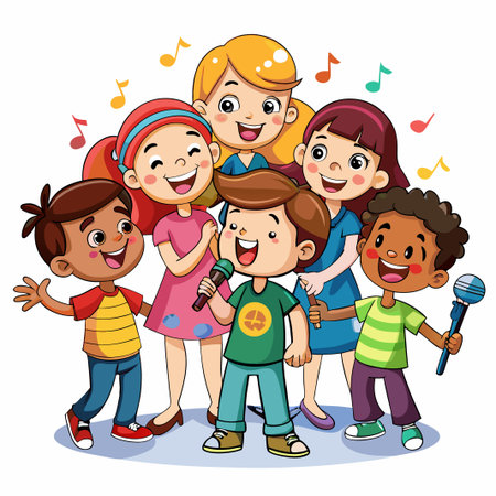 Five happy children sing with microphones in a cartoon style.のイラスト素材