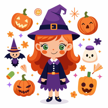 Cute Witch Girl in Halloween Costume with Pumpkins and Stars.のイラスト素材
