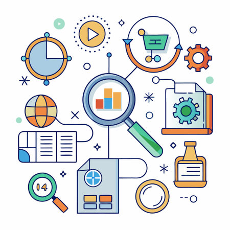 Colorful illustration of magnifying glasses and other various icons symbolizing online marketing strategy and analytics.のイラスト素材