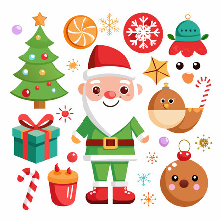 Cute Christmas characters and decorations with a festive theme.のイラスト素材