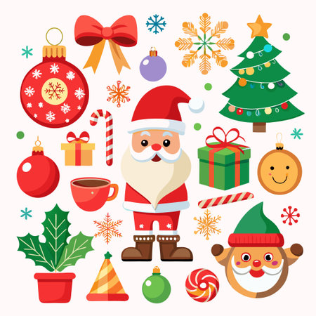 A collection of cheerful Christmas icons including Santa, a decorated tree, presents, ornaments, candy canes, and snowflakes.のイラスト素材
