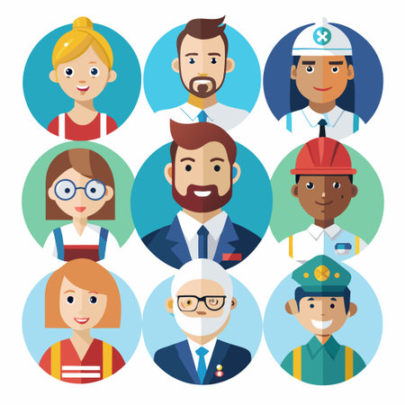 A collection of nine diverse people with different professions and ages.