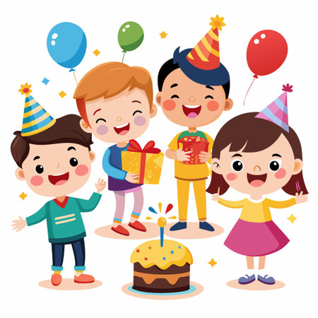 Happy friends celebrating a birthday with cake and gifts.のイラスト素材