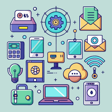 Illustration of various tech devices with a central gear representing connectivity.のイラスト素材
