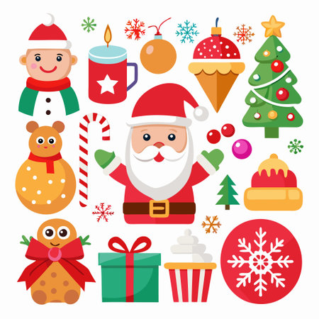 A collection of festive Christmas icons including Santa Claus, a snowman, a Christmas tree, candy canes, and ornaments.のイラスト素材