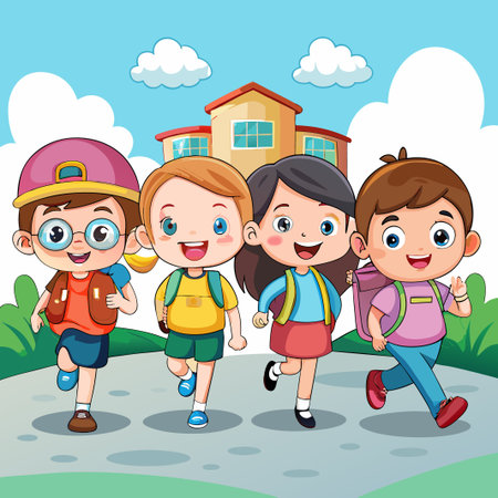 Four happy cartoon children walking to school with backpacks.のイラスト素材
