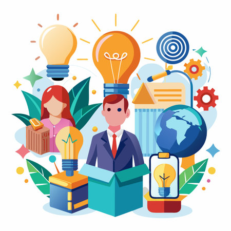 A businessman and businesswoman stand with lightbulbs over their heads symbolizing new ideas.のイラスト素材