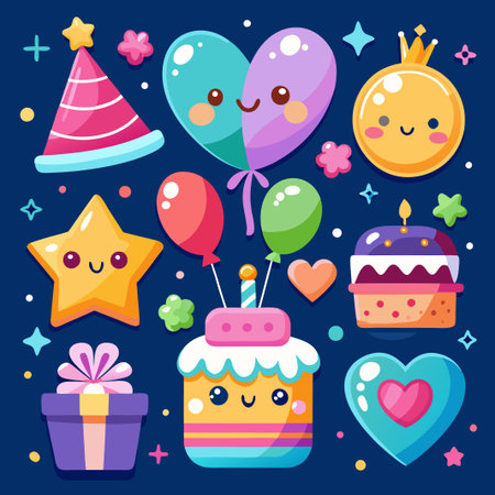 Colorful birthday party elements with cute faces and expressions.のイラスト素材