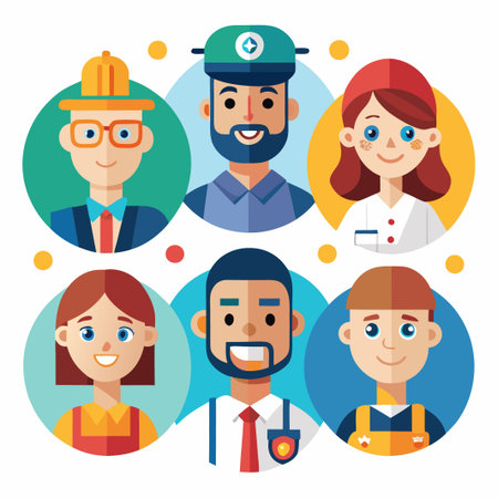 Six diverse people with different professions in circular frames.