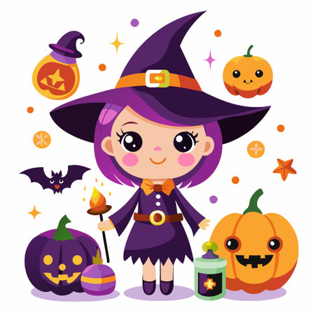 Cute witch with purple hair and a black hat holding a torch, surrounded by pumpkins, a bat, and stars.のイラスト素材