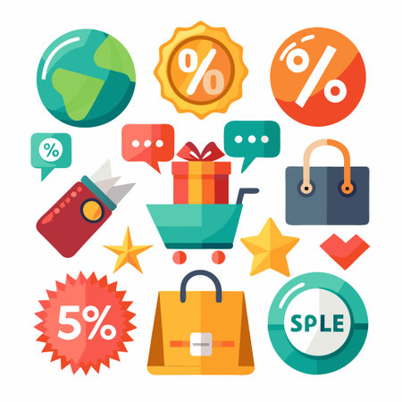 Colorful shopping icons with shopping cart, gift box, bags, and discounts.のイラスト素材