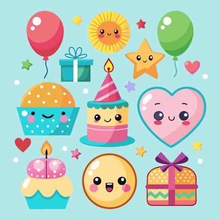 Cute cartoon birthday party elements set with happy faces.