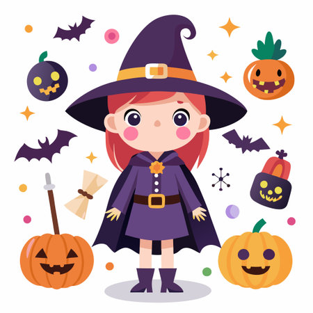 Cute witch girl wearing a black hat and purple dress with pumpkins and bats around her.のイラスト素材