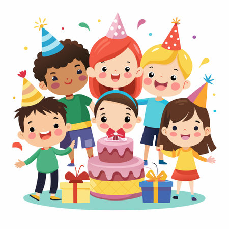 Happy children celebrate birthday with a cake and presents.のイラスト素材