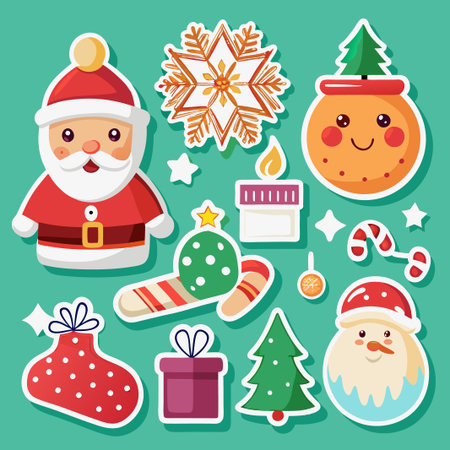 Cute Christmas Stickers with Santa Claus, Snowman, and Christmas Tree.のイラスト素材