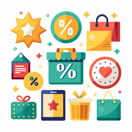Colorful shopping icons with discount symbols, gifts, hearts, stars, and bags.のイラスト素材