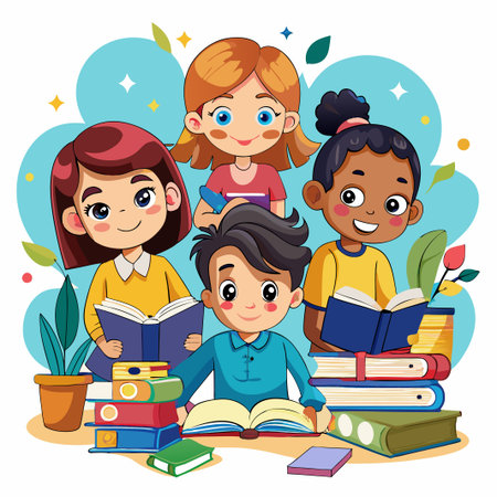 Diverse group of kids happily reading books together.のイラスト素材