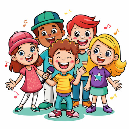 Four children smiling and singing together.のイラスト素材