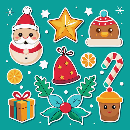 Cute Christmas stickers with Santa, star, candy cane, gift box, and more.のイラスト素材