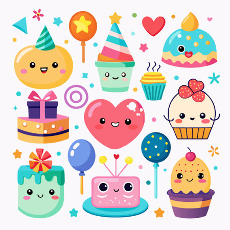 Cute cartoon characters of birthday cake, cupcake, gift, heart, balloons and lollipop.のイラスト素材