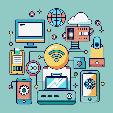 Illustration of network connection with computer, mobile phone, cloud computing, and .のイラスト素材