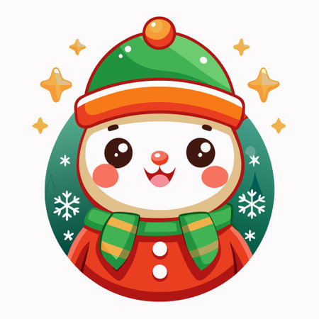 Cute cartoon snowman with a green hat, scarf, and red coat.のイラスト素材
