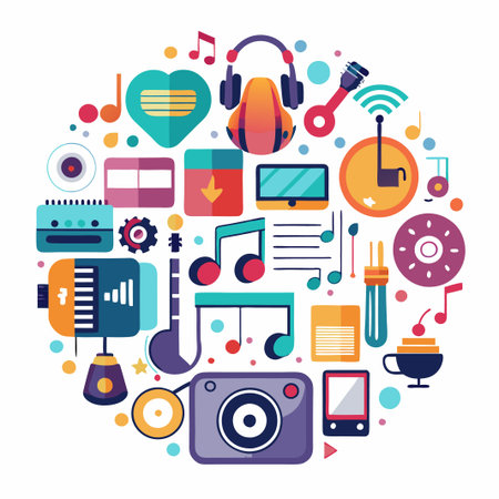 Colorful circle with music icons and abstract shapes.のイラスト素材