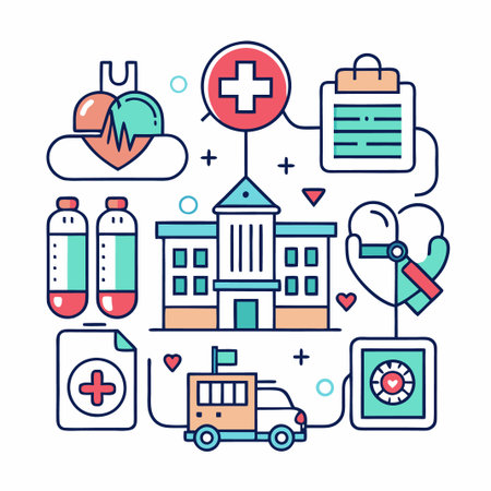 Illustrated medical services icon set with heart, ambulance, hospital, EKG, and blood test.のイラスト素材