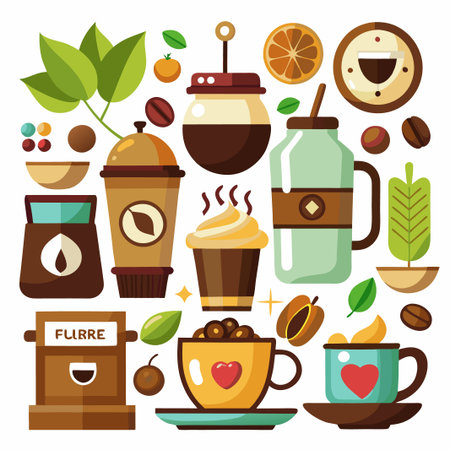 Coffee cup, mug, coffee beans, grinder, and leaves.のイラスト素材