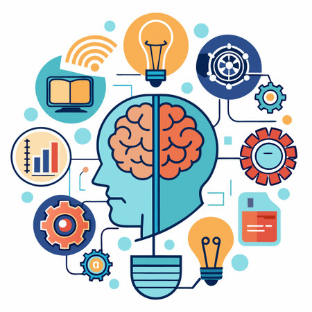 Brain and gears in a network of connected icons representing ideas, knowledge, and technology.