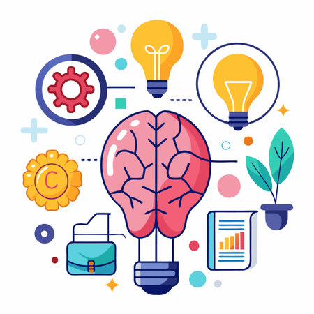 Human brain inside light bulb with gears, plant, and briefcase.のイラスト素材