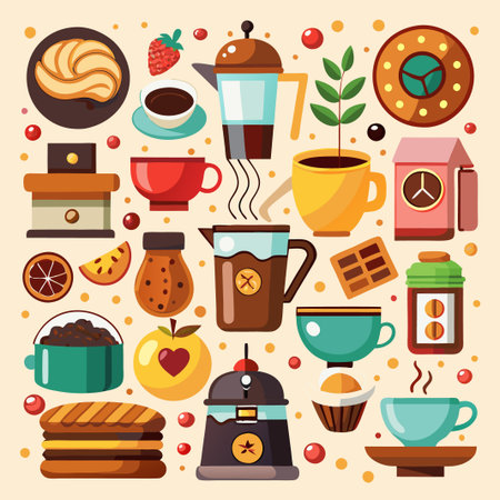 Illustration of assorted coffee and dessert items.のイラスト素材