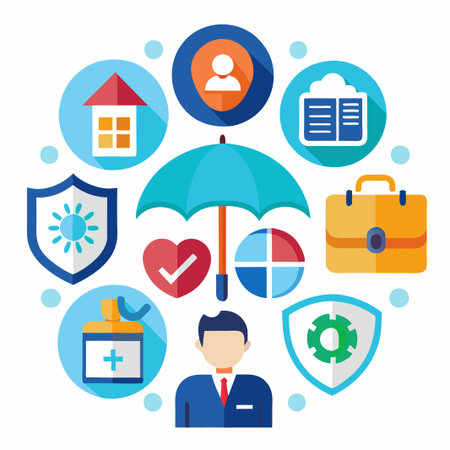 Man with umbrella protecting home, health, finance, and business.のイラスト素材